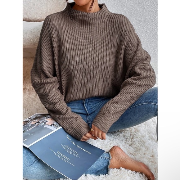 . Sweaters - Casual Oversized Mock Neck Ribbed Knit Batwing Sleeve Sweater brown